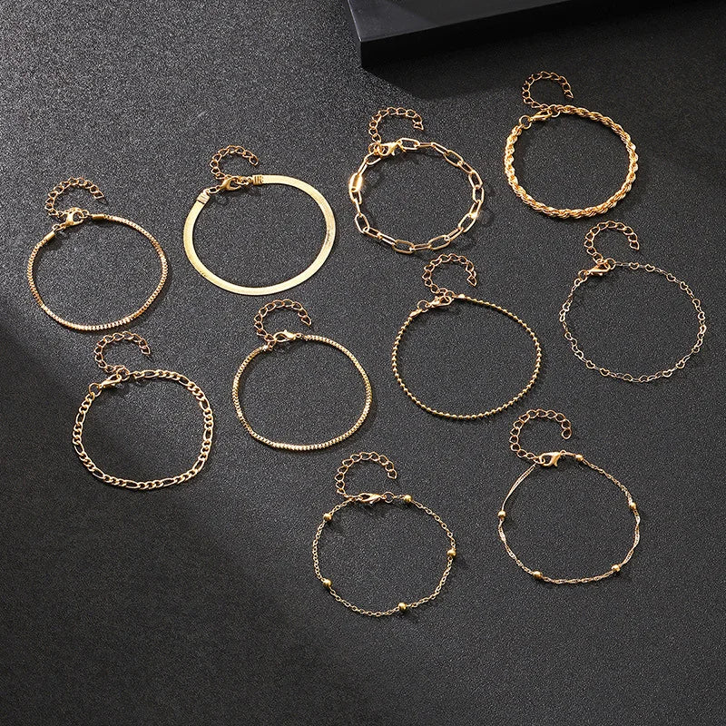 Evan Jewelry 10 Pcs Vintage Statement Gold Color Flat Snake Chain Box Chain Bracelet