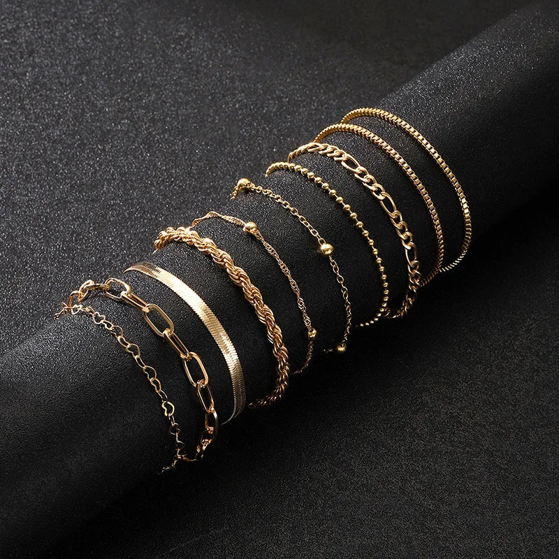 Evan Jewelry 10 Pcs Vintage Statement Gold Color Flat Snake Chain Box Chain Bracelet