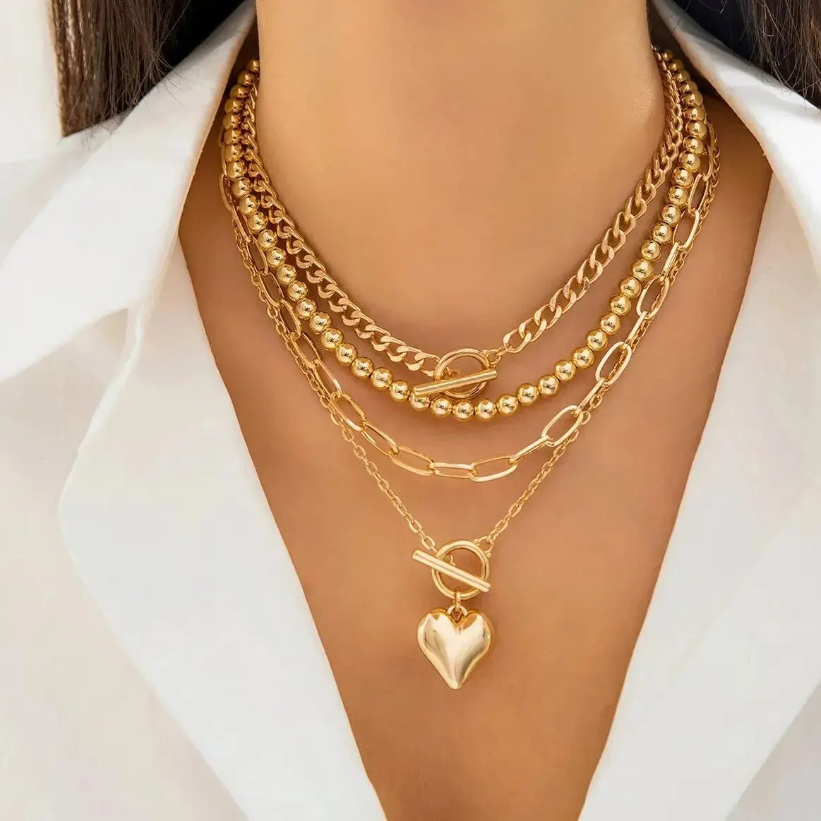 Evan Jewelry 4Pcs/Set Punk Gold Color Heart Pendant Necklace for Women