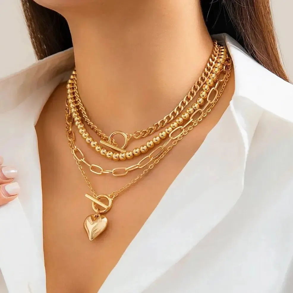 Evan Jewelry 4Pcs/Set Punk Gold Color Heart Pendant Necklace for Women