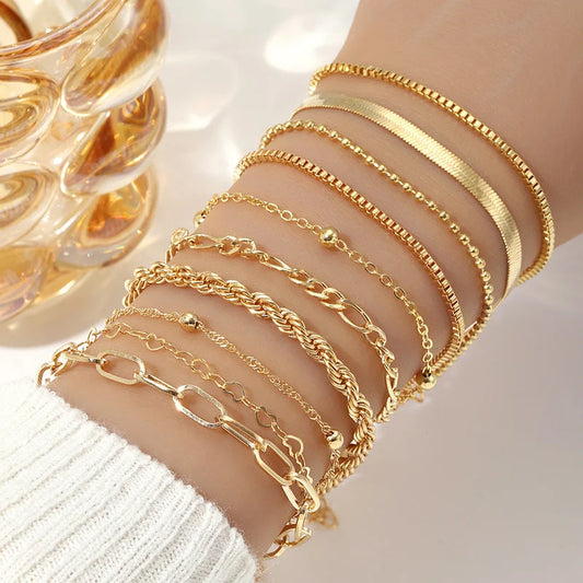 Evan Jewelry 10 Pcs Vintage Statement Gold Color Flat Snake Chain Box Chain Bracelet